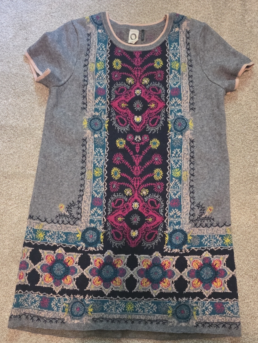 Anthropologie Grey Knit Dress with Pink, Blue & Yellow Embroidery
